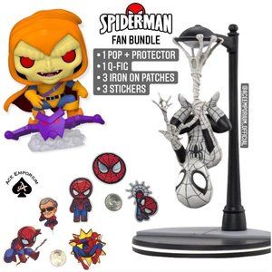 Spiderman Fan Bundle 1 POP, 1 Q-Fig, 3 Stickers, 3 iron on patch